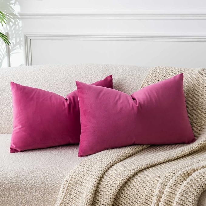 12x20 Lumbar Throw Pillow Covers Set of 2 for Couch Bed Sofa,Rose Red | Decorative Soft Velvet Cushion Covers with Invisible Zipper for Living Room Bedroom Home Decor
