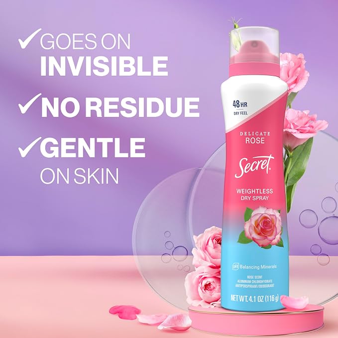 Secret Dry Spray Antiperspirant Deodorant for Women, 48hr Weightless Sweat & Odor Protection, Gentle on Skin, Wild Rose & Argan Oil Scent, 4.1 oz (Pack of 2)