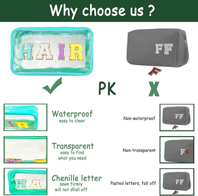 Bunliuys Chenille Letter Clear Makeup Bag Travel Patch, Travel Toiletry Makeup Bag with Handle, Nylon Waterproof Makeup Bags clear cosmetic bag, preppy patch makeup bag for Women (TRAVEL-Dark Green)