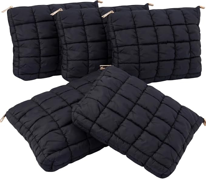 Soft Quilted Puffy Makeup Bag Bulk for Women, Aesthetic Puffer Cosmetic Bag Pouch for Purse (Black 5)