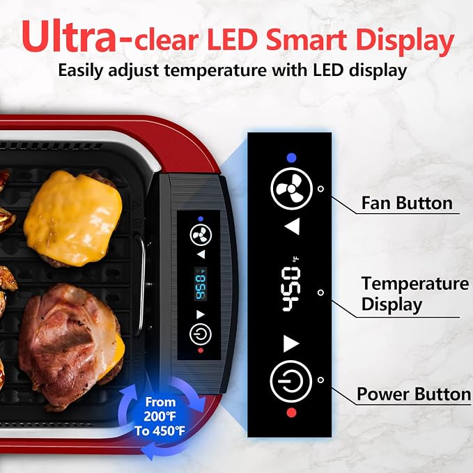 Indoor Grill, CUSIMAX Smokeless Grill Indoor, Electric Griddle, 1500W, Red | with Smart LED Display & Tempered Glass Lid, Non-stick Removable Plate & Griddle Plate, Adjustable Temperature, Easy Cleanup
