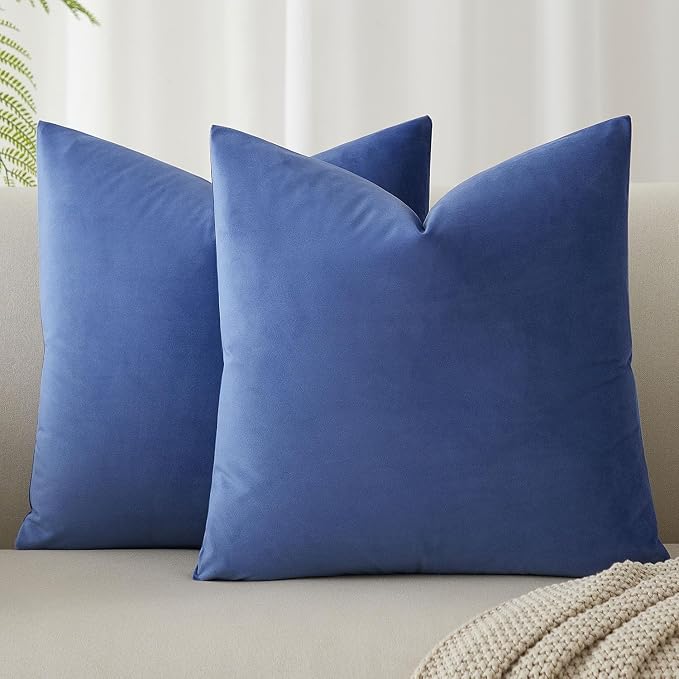 Throw Pillow Covers Set of 2 for Couch Bed Velvet Cushion Cover 14x14,Blue | Decorative Pillow Covers with Invisible Zipper for Sofa Living Room Bedroom Home Decor Modern