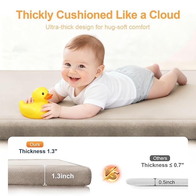 Ultra Soft Play Mat for Floor, 59"×39" Playpen Mat, 1.3" Thick Memory Foam, Non-Slip Tummy Time Mat for Infants, ToddleETDZ01rs, and Kids – Water-Repellent Coral Velvet, Easy Care