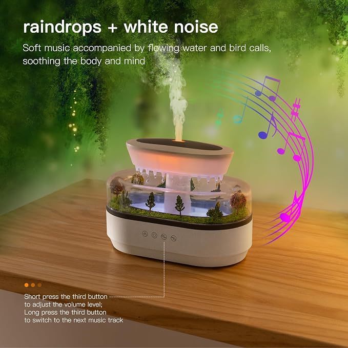 Essential Oil Diffuser 250ML Cloud Humidifier Rain Water Drip Diffuser Humidifier with Drip Music Micro Landscape Ultrasonic Diffuser for Bedroom Office Hotel (White Grey)