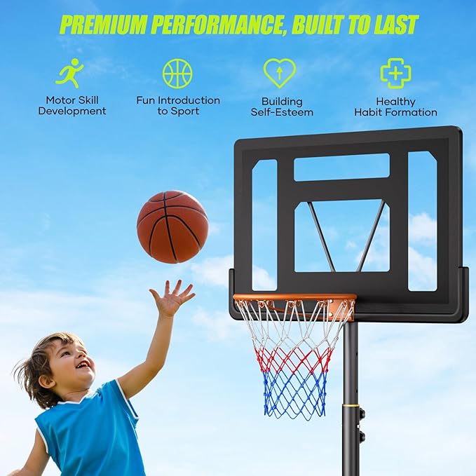 Asbest Kids Basketball Hoop Outdoor, 5.08-7 FT Adjustable Height, Portable Basketball Hoop for Kids in Backyard, Driveway and Indoor, Shatterproof PC Backboard