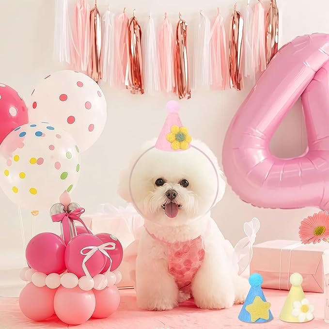 12pcs Mini Party Hats for Stuffed Animals, Macaroon Hats with Pom Pons for Dolls Dog Cat Rabbit Puppies Assorted Animal Birthday Decorations