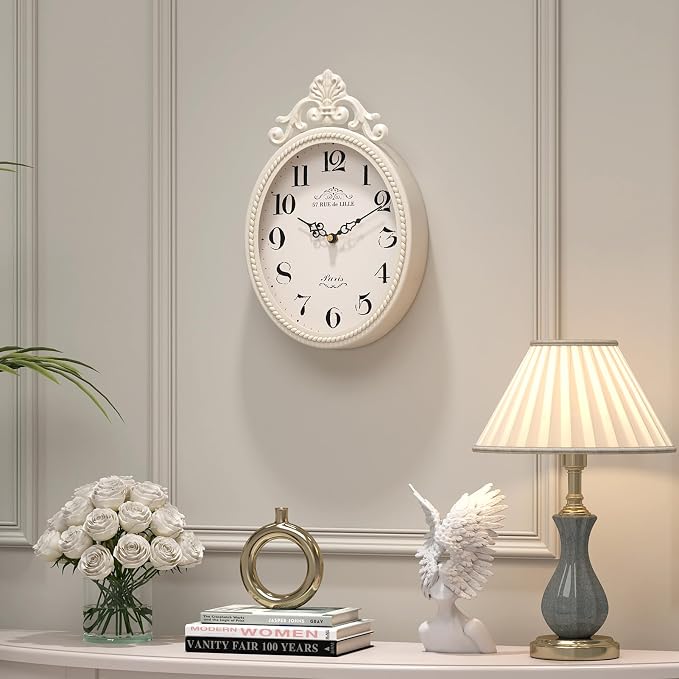 Abdurey Small French Retro Decor Wall Clock, Ivory White Vintage Oval Style | Silent Battery Operated Boho Decorative Wall Clocks for Farmhouse,Kitchen,Bedroom,Bathroom(10.4"H x 6.7"W)