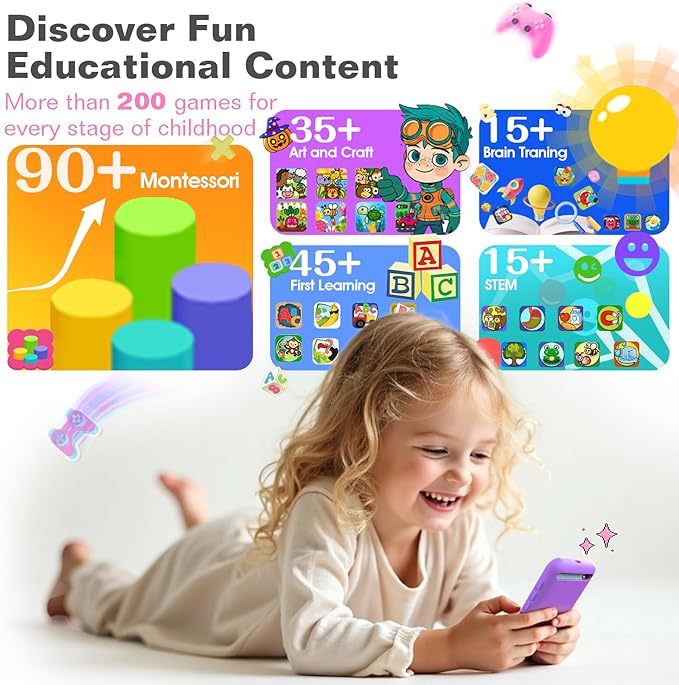 MOMILLA Kids Smart Phone Toys for Girls, 3.97” Touchscreen, Dual Cameras with Stickers, 200+ Games & 16GB Storage, Christmas Birthday Gift for Kids Age 3-10, Educational Mini Toddler Play Phone Toy