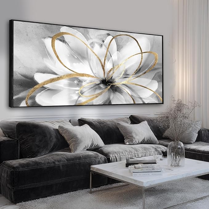 Grey Home Wall Decor Modern Canvas Prints White Flower Framed Wall Art 32"x70" Large Artwork for Living Room Pictures for Office
