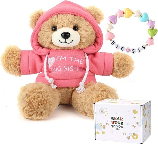 “I’m The Big Sister” Teddy Bear Stuffed Animal with Gift Box Removable Pink Hoodie Bracelet, Big Sister Gifts for Girls Who Promoted to Big Sister with Beautiful Greeting Card