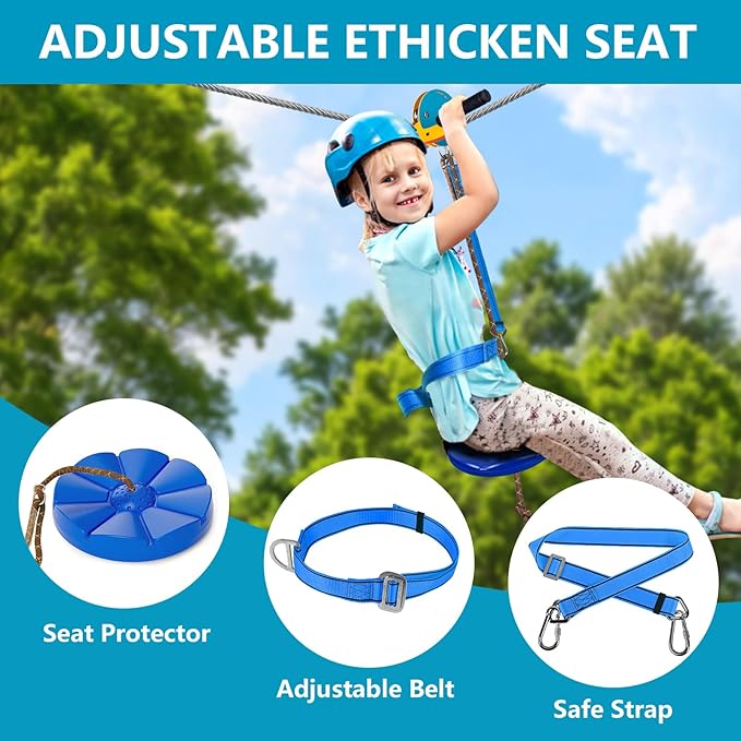 Zip Line Kit for Kids and Adults Outdoor, UFO Trolley 75/100/120/150ft Zipline for Backyard, Up to 350 Lbs, Included Swing Seat, Ziplines Spring Brake and Safety Harness