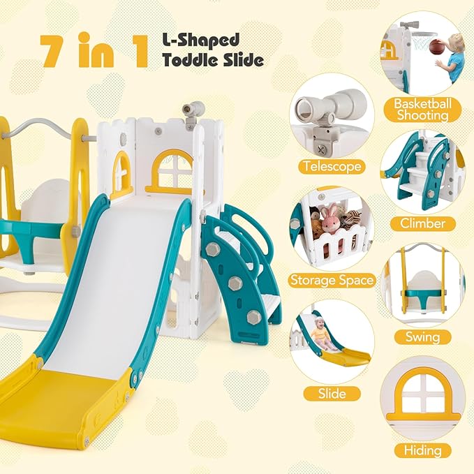 Costzon 7 in 1 Toddle Swing and Slide Set, Freestanding Toddler Slide Playset w/Swing, Basketball Hoop, Kids Slide for Toddler Age 1-3 Playground w/Storage Space, Gifts for Boys Girls (Yellow)