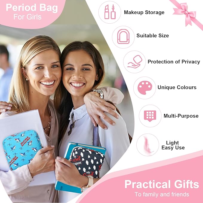 Sanitary Pad Storage Bag Portable Period Bag for Teen Pads/Sanitary Napkins/Small Tampons, Sanitary Napkin Storage Bag First Period Gifts for Teen Girls (Shark Week)