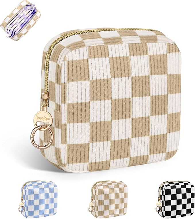 Checkered Period Bag for Teen Girls, Corduroy Sanitary Napkin Storage Bag with Ring Buckle, Cute Menstrual Pad Pouch Tampon Holder for Purse (Checkered-Khaki)