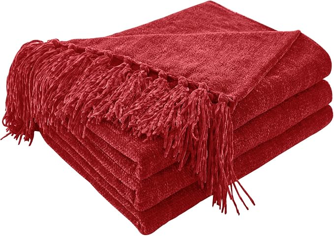 CozeCube Chenille Throw Blanket, Christmas Red Fringe Blanket, 50"X60" | For Couch, Cozy Plush Fuzzy Decorative Blanket with Fringe Tassels, Lightweight Throws for Bed Sofa Gift Home Decor