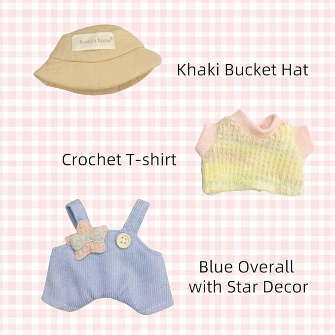 17cm Doll Designer Clothes, La Boo-Boo Dolls Halloween Clothing Outfit Accessories with Crochet Floral Tshirt, Denim Overall, Glasses, Shoes, Bucket Hat, Blue