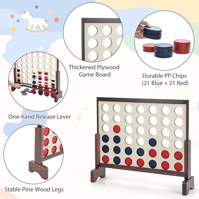 Costzon Giant 4-in-a-Row Game Set, Wooden Jumbo 4-to-Score Game with 42 PCS Chips & 600D Oxford Fabric Carrying Bag, Indoor Outdoor Line-up-4 Game for Kids & Adults, Ideal for Camping (Natural)