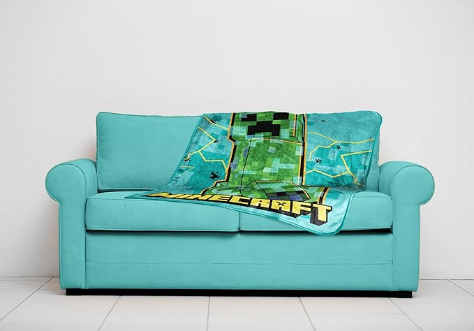 Jay Franco Kids Plush Throw Blanket – Soft & Cozy Fleece Throw for Bedroom & Couch Décor, Official Licensed Product, Teal - Minecraft, 40x50 - Travel Blanket