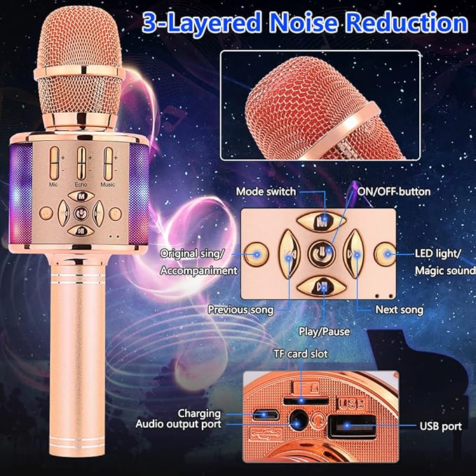 Amazmic Kids Karaoke Microphone Machine Toy Bluetooth Microphone Portable Wireless Karaoke Machine Handheld with LED Lights, Gift for Children Adults Birthday Party, Home KTV(Champagne)