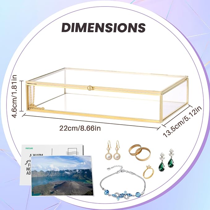 MAOPINER 8.66 x 5.32 x 1.81 Vintage Gold Glass Jewelry Box with Lid | Clear Glass Display Organizer with Lid for Rings, Bracelets & Earrings, Decorative Rectangular Jewelry Storage Case