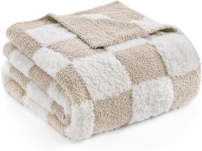 Snuggle Sac Fall Checkered Throw Blanket Faux Fur Microfiber Blankets for Couch,Cozy Soft Warm Blanket for Sofa Bedroom Living Room,Beige Checker,50x60 inches