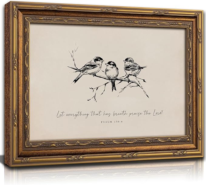 Vintage Gold Framed Bird Wall Art, Christian Bible Verse, 12 x 16 in | Sketch bird canvas with Christian scripture and vintage gold frame for living rooms, bedrooms, hallways, or prayer spaces.