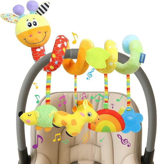 Carseat Toys Hanging for Babies 0-6-12 Months, Crib Toy Hanging Plush Spiral Car Seat Toy, with Rattle, Teether & Mirror, Stroller for Baby Boys & Girls, Infant Car Seat Toys