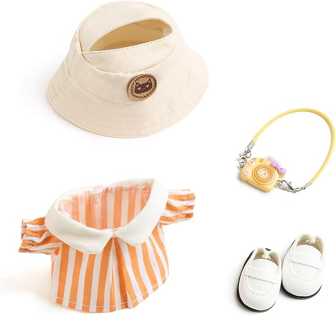 17cm Doll Clothes for Labubu - Kawaii Clown Style Set - Doll's Hat & Doll's Clothing & Doll's Shoes & Camera, Cute Doll Outfit with Accessories for Display, Collectors, Gift - Orange (NO Dolls)