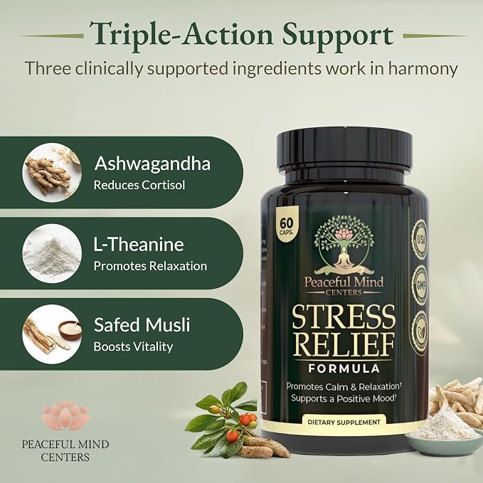 Stress Relief Formula - Natural Ashwagandha Capsules GMO Free - unflavoured Quality Herbal Wellness Supplement for Relaxation and Mental clarity-60-count