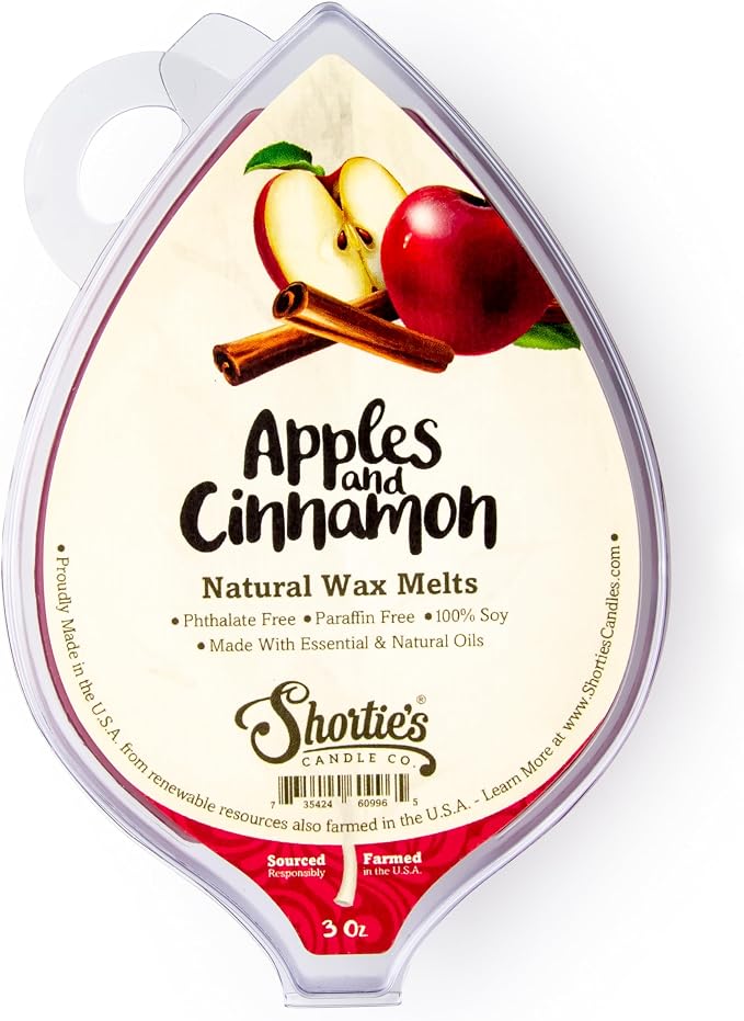 Shortie's Candle Company Apples & Cinnamon Natural Soy Wax Melts - 1 Highly Scented 3 Oz. Bar - Made with 100% Soy and Essential Fragrance Oils - Phthalate & Paraffin Free, Vegan, Non-Toxic