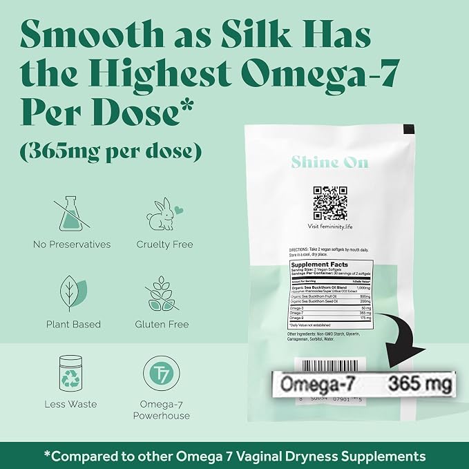 Femininity Smooth as Silk Softgels for Vaginal Dryness 30-Day Refill | Sea buckthorn oil with 365mg Omega 7 plus Omega 3. Supports natural moisture.