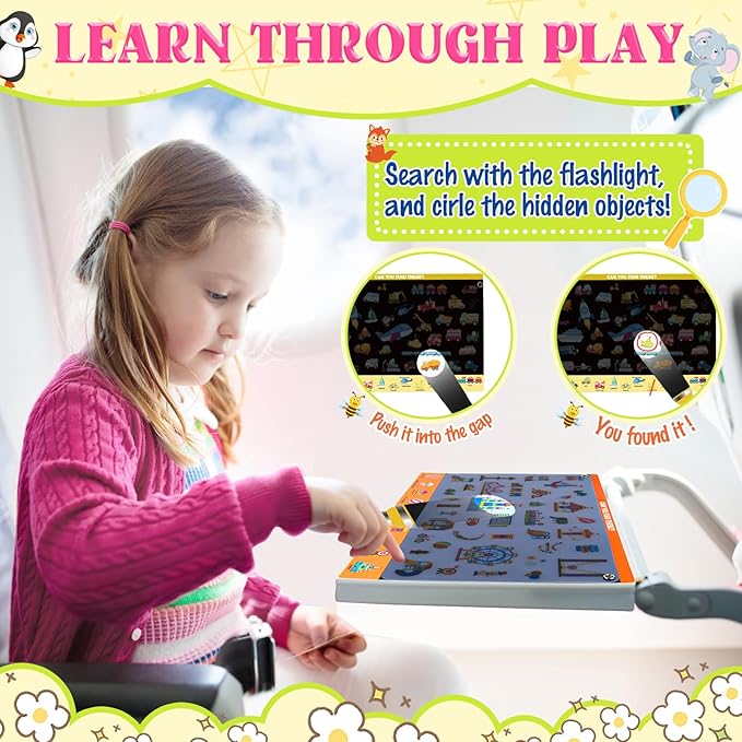 Seek and Find Books for Kids 4-6, Toddler Travel Toys, Preschool Learning Activities, Reusable Flashlight Activity Book for Car Airplane Road Trip, Educational Toys Birthday Gift for Kids
