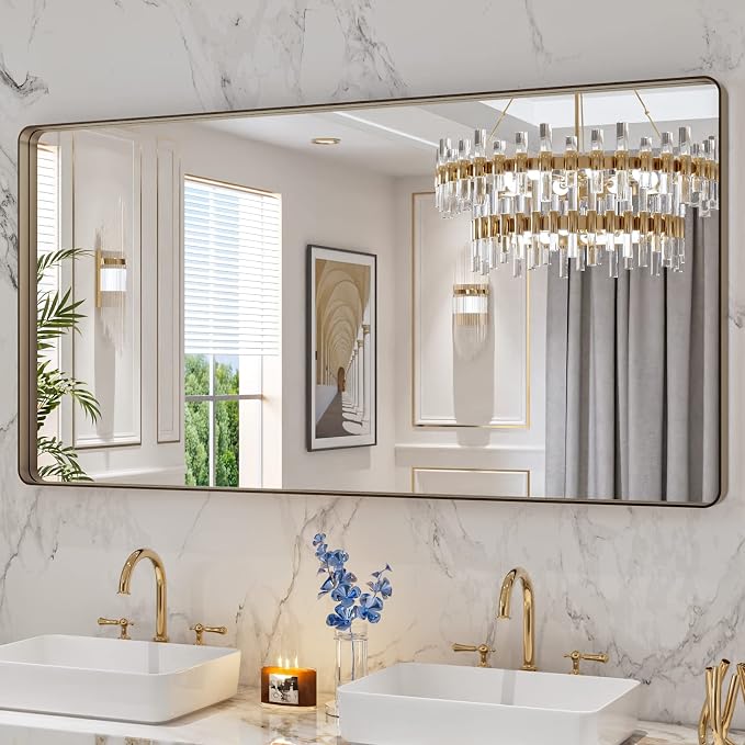 LOAAO 60"X30" Bronze Bathroom Mirror | Rounded Rectangle, Brushed Bronze Metal Frame, Anti-Rust, Tempered Glass, Hangs Horizontally or Vertically