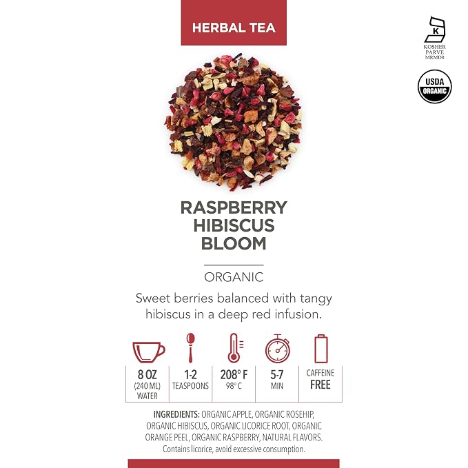 Teabloom Organic Herbal Tea, Raspberry Hibiscus Bloom Loose Leaf Tea, Fragrant and Fruity with Natural Berries, USDA and EU Certified Organic, Fresh Whole Leaf Blend in Reusable Gift Canister, 4.94 oz/140 g Canister Makes 35-50 Cups