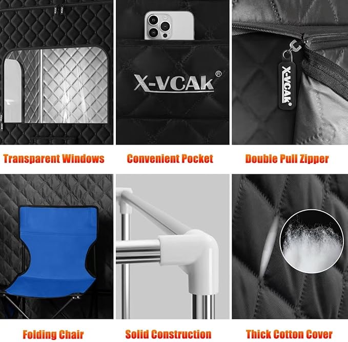 X-Vcak Upgraded 2 Person Sauna, Portable Sauna with 5 Layer Waterproof, Portable Steam Sauna Tent with 2 Steamers, 2 Folding Chair, 71”x 49”x 36"