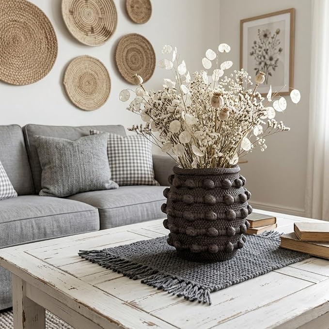 Rustic Farmhouse Vase, Boho Brown Vases for Pampas Grass Small Textured Knotted Vase for Flowers Decorative Cement Floral Vases for Home Decor, Living Room, Dining Table