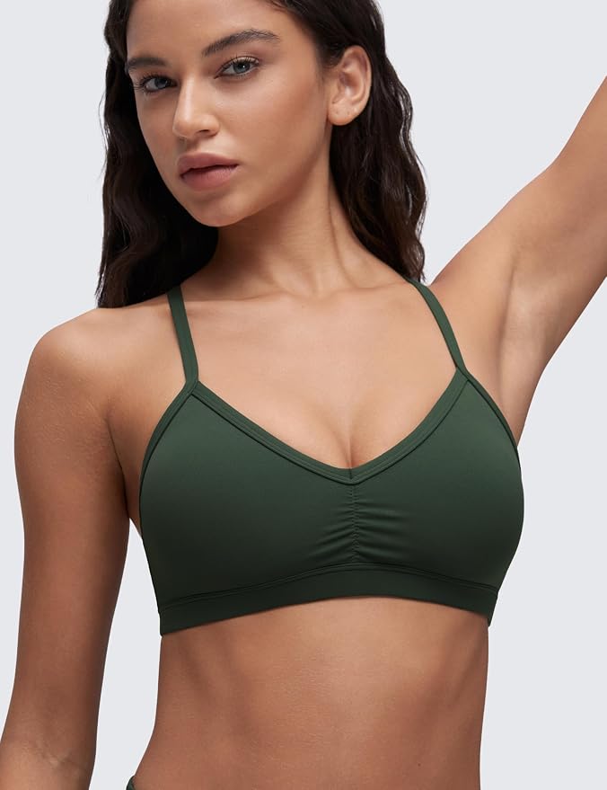 CRZ YOGA Butterluxe Ruched Sports Bras for Women - V Neck Spaghetti Thin Strap Y Back Wireless Padded Yoga Crop Top