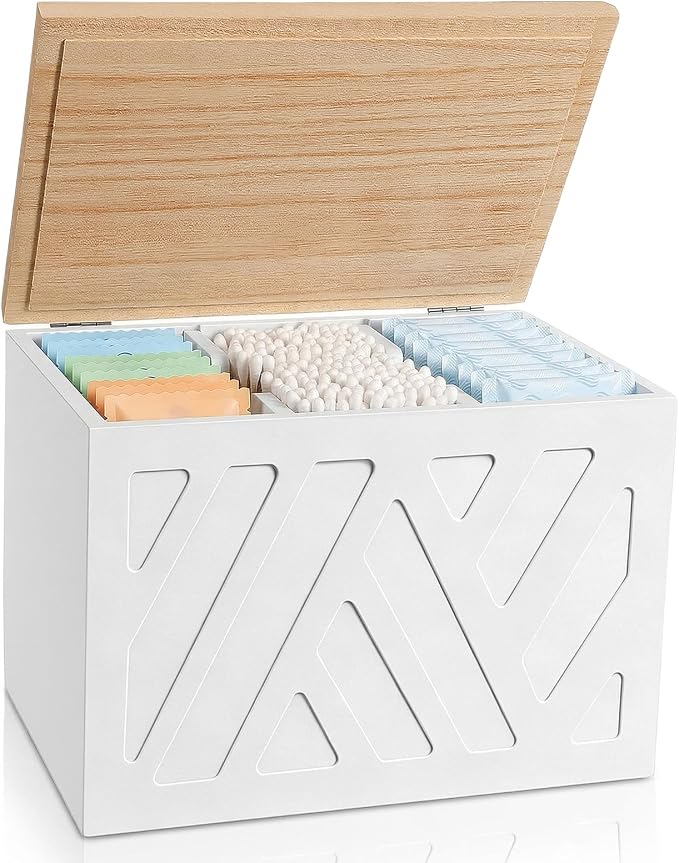 Tampon Holder for Bathroom, Feminine Products Organizer with Lid Wooden Shark Week Tampon Storage for Bathroom, Bedroom, Toilet (White)