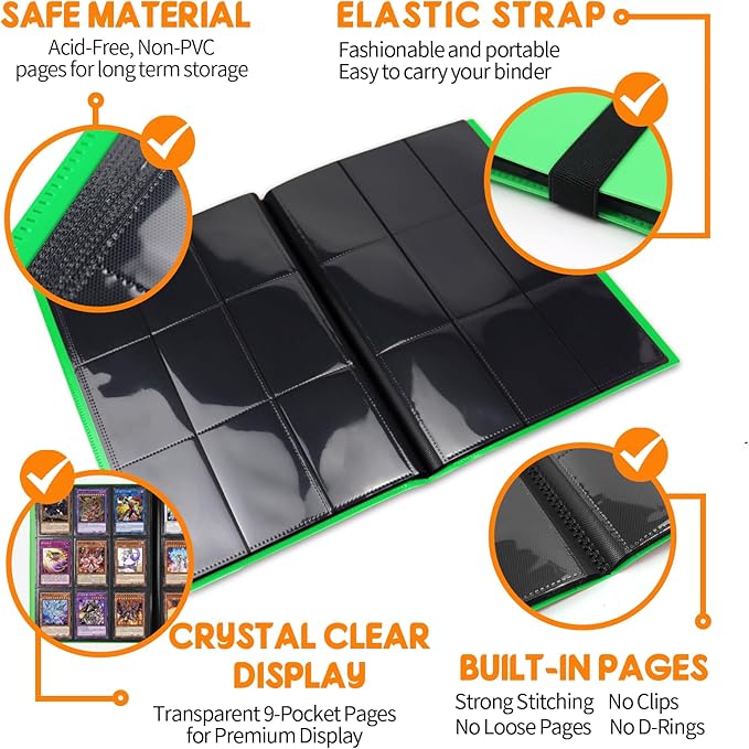 Card Binder 9 Pocket, PP Cover Trading Card Binder for 360 Cards, Sturdy Card Collection Album, Card Holder Folders for MTG, TCG, Game Cards & Sports Cards (Green)
