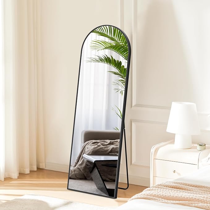 DUMOS 59"x16" Arched Full Length Mirror with Stand, Floor Standing Aluminum Frame, Shatter-Proof Nano Glass for Bedroom, Living Room, Cloakroom – Modern Simple Home Decor,Hanging or Leaning,Black