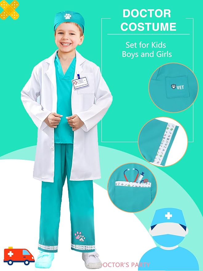 7 Pcs Kids Veterinary Costume Set Animal Doctor Dress Up Outfits for Kids Career Day Role Play Halloween Cosplay Pretend Play