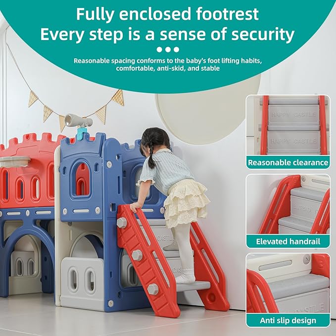 8 in 1 Toddler Slide, Castle-Themed Indoor Outdoor Playground for Toddlers Age 1+ with Extra-Long Slide, Basketball Hoop and Ball, Telescope, Tunnel, Storage Space, Baby Climber Playset, Colourful