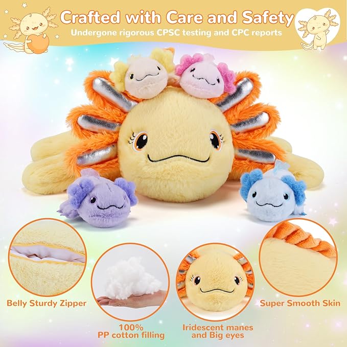 5 Pieces Axolotl Stuffed Animals with Babies Inside Belly - 1 Mommy Stuffed Axolotl with 4 babies - Yellow Axolotls Plush Toy for Kid Age 3-8, Gift Ideal for Christmas, Valentine's, Birthday