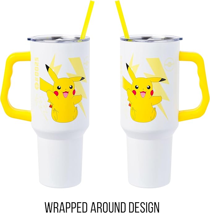 Silver Buffalo Pokémon Double Walled Stainless Steel Tumbler with Handle Featuring Pikachu, Fits in Standard Cup Holder, 40 Ounces