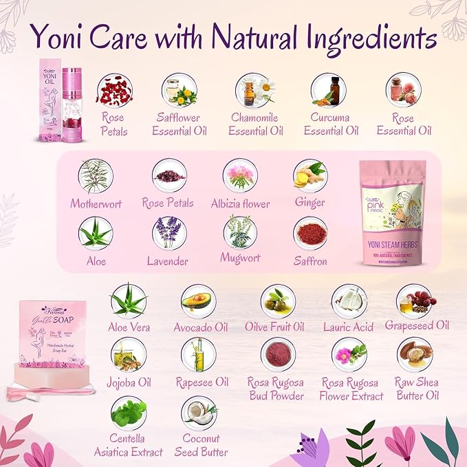 Fivona 6-in-1 Yoni Steam Kit for Women, Steaming Herbs Pink Magic, Expandable V Steam Seat, Yoni Oil, Gentle Soap, Hand Pump, Storage Bag - Cleansing, Moisturizing, pH Balance, Natural Yoni Detox