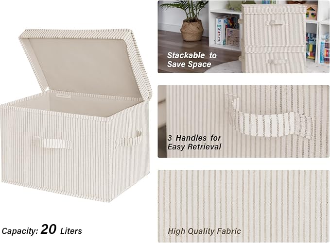 StorageWorks Closet Storage Bins, Fabric Storage Bins with Lids | Flip-Top Lid, 3 Handles, Collapsible, Stackable, for Clothes Blankets, Multi-Purpose, Large, Khaki and Beige Stripes, 2-Pack