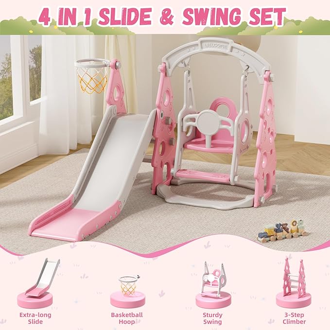XJD 4-in-1 Toddler Slide and Swing Set, Kids Slide for Toddlers Age 1+, Toddler Outdoor Playset with Basketball Hoop, Swing, Christmas Birthday Gifts for Kids (Light Pink)