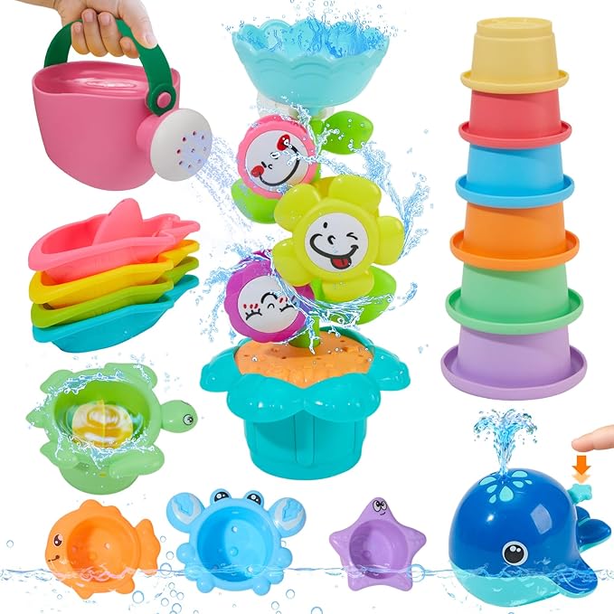 Toddler Bath Toys for Kids Ages 1-3, 17PCS Easy Clean & Colorful Mold Free Bath Toys for Babies 6-12 Months with Educational Stacking Cups Fun Bathtub Pool Water Toys for Toddler 2-4