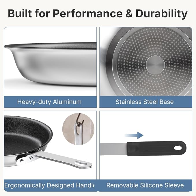 DUMOS 8 Inch Nonstick Frying Pan, Heavy-Gauge Aluminum Skillet with Ceramic Nonstick Coating, Stainless Steel Base & Handle, Omelet Pan for Induction, Electric, Gas, PFAS Free, Oven Safe, Black Handle