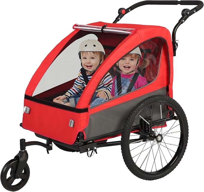 Sepnine 2-in-1 Kids Bike Trailer and Stroller with Suspension – Bike Trailer for 1 to 2 Children, Jogging Function, Foldable, 5-Point Harness, Spacious Storage, with Bug Screen and Weather Shield